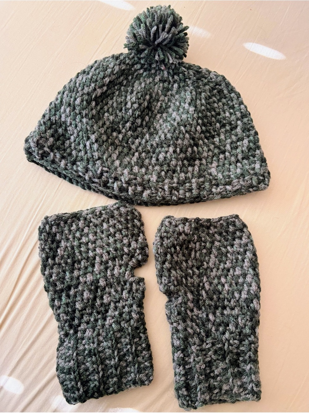 Cozy Marled Green Pom Beanie with Matching Fingerless Mitts